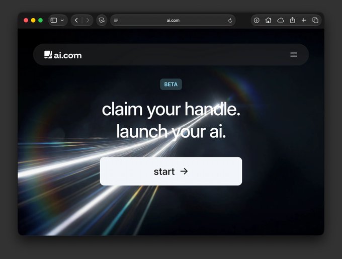 A browser window displays ai.com with the text 'BETA - claim your handle. launch your ai.' above a 'start' button.