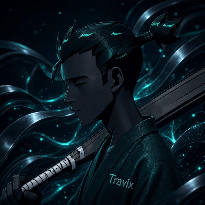 A dark-toned anime-style illustration shows a swordsman with closed eyes and a ponytail, wearing traditional robes and carrying a katana on his back, surrounded by swirling teal energy streams. The name "Travix" appears on his garment, visually reinforcing the post's theme of an AI-powered trader ("Travix") ready to strike before the news hits the market.
