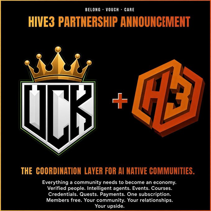 A black promotional graphic titled 'HIVE3 PARTNERSHIP ANNOUNCEMENT' featuring the VK (Vouch Kingdom) crown logo and the orange H3 cube logo with text describing HIVE3 as 'THE COORDINATION LAYER FOR AI NATIVE COMMUNITIES.'