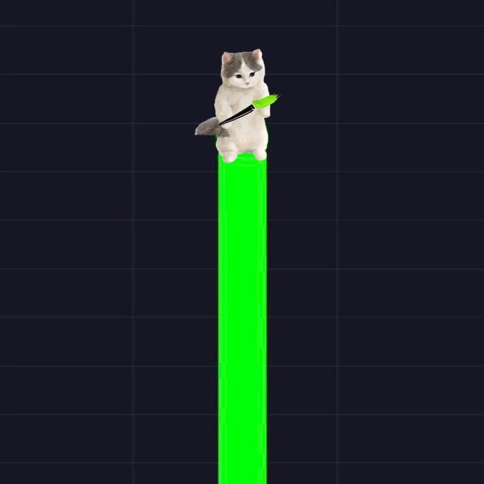 A white and gray cat holding a bow and arrow stands atop a tall green pillar against a dark grid background.