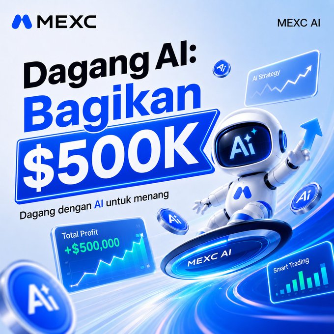 The image is a MEXC AI promotional banner featuring a friendly robot character pointing upward, advertising "Dagang AI: Bagikan $500K" (Trade AI: Share $500K) in Malay/Indonesian, with floating elements showing "AI Strategy," "Total Profit +$500,000," and "Smart Trading." It relates to the post by promoting MEXC's AI trading giveaway campaign, though the post specifically mentions a smaller 50 USDT giveaway while the banner highlights a much larger $500K prize pool.