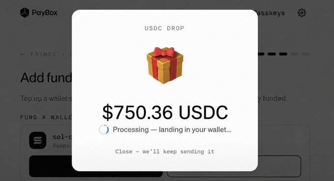 A popup from PayBox shows a "USDC DROP" of $750.36 with a gift box icon and a "Processing — landing in your wallet" message. The image corresponds to the final step of the described scheme, where users are prompted to wait for a fake "stimmy" USDC airdrop to appear after completing prior steps like connecting accounts, revealing and claiming the supposed drop.