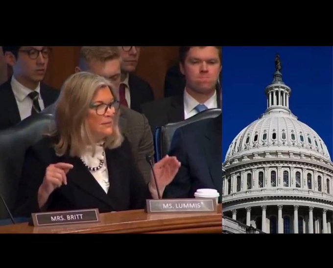 Senator Lummis speaks at a committee hearing with nameplates for "MRS. BRITT" and "MS. LUMMIS" visible, alongside an image of the Capitol dome, as she announces the CLARITY Act is set to pass by July 4th to unlock $30 trillion for crypto.