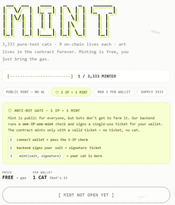 A mint page for an NFT project called "MINT" titled "ASCIIcats_" showing 3,333 total supply with 1/3,333 minted, featuring an anti-bot gate and free + gas pricing. The post highlights this as a top free mint on the author's watchlist with no whitelist, no allowlist, and full public launch.