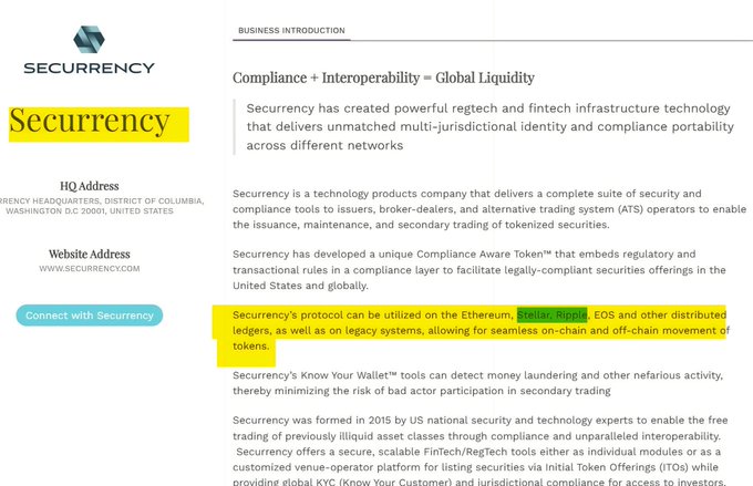 A screenshot of Securrency's business introduction webpage highlighting their compliance and interoperability technology, with key text noting their "Compliance Aware Token" and support for distributed ledgers including the Ethereum public chain, EOS, and other systems. The post draws attention to Securrency's underlying integration with the XRP Ledger, Stellar, and Ethereum networks—tech foundations that contributed to DTCC's tokenization service soft launch.