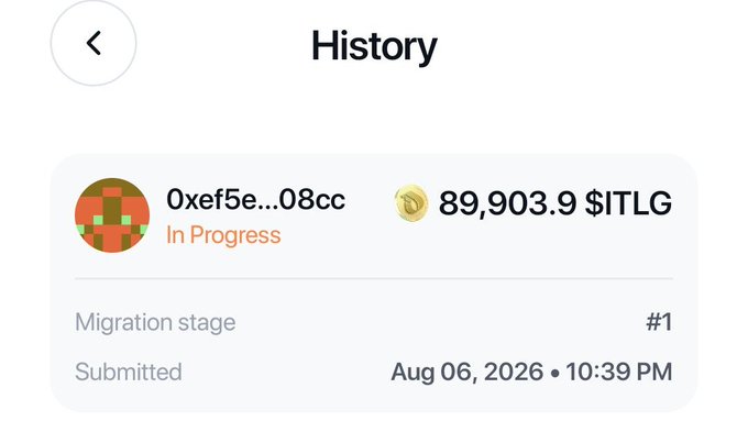 A "History" screen showing a migration in progress for address 0xef5e…08cc, with 89,903.9 $ITLG credited at Migration stage #1, submitted Aug 06, 2026 at 10:39 PM. The image visually supports the post's claim that Linkers are beginning to see $vITLG ($ITLG) rewards as KYC verification and migration activity progress on InterLink.