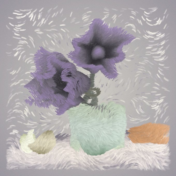Impressionistic painting of two purple flowers in a pale green vase with small yellow and orange objects nearby, rendered with textured brushstrokes.