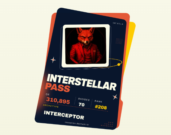 Digital NFT card titled 'INTERSTELLAR PASS' featuring a red fox-headed figure, with stats showing GE 310,895, Badges 70, Rank #208, and the archetype 'INTERCEPTOR' on Inception Mainnet.