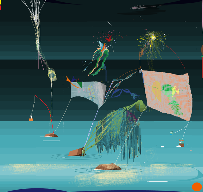 An abstract digital painting featuring whimsical, colorful flying creature-like objects hovering above water against a dark teal striped background.