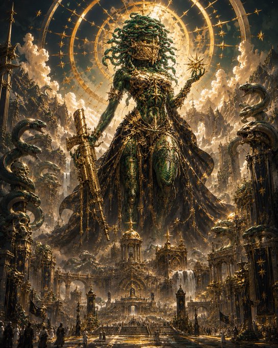 Fantasy digital artwork depicting a towering green-haired goddess-like figure holding a star and a golden sword, standing above an ornate cityscape with snakes and elaborate architecture.