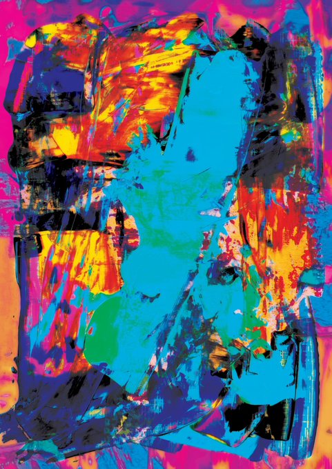 A colorful abstract composition featuring vibrant splashes of cyan, orange, magenta, and yellow with dynamic black brushstrokes, embodying the "Convergence of Two Worlds" collaborative theme. The piece, created with @designzbychance, is the third of five in a series listed for 30 tez on objkt.com.