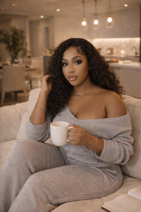 A woman with long curly hair wearing a grey off-shoulder sweater and pants, sitting on a beige sofa holding a white mug in a softly lit modern interior.