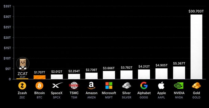 The image is a bar chart comparing the market capitalization of ZCAT ($1.707T) against major assets including Bitcoin ($1.707T), SpaceX ($2.012T), TSMC ($2.254T), Amazon ($2.736T), Microsoft ($3.666T), Silver ($3.782T), Alphabet ($4.212T), Apple ($4.905T), NVIDIA ($5.367T), and Gold ($30.703T).

The chart visually reinforces the post's message by showing ZCAT already surpassing Bitcoin and SpaceX in market cap, illustrating that the token has proven its fundamental viability against trillion-dollar assets and could potentially scale toward bigger targets if fee concerns are resolved.