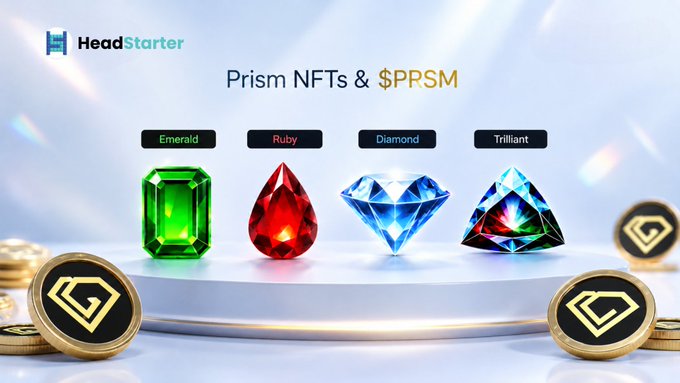 A promotional graphic for HeadStarter showcasing four Prism NFT tiers—Emerald, Ruby, Diamond, and Trilliant—displayed as colorful gemstones alongside gold coins, illustrating the $PRSM token entry points into the PrismMarketLabs ecosystem ahead of mainnet.