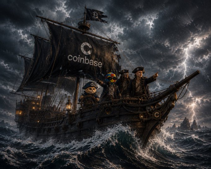 A dramatic pirate ship with the "Coinbase" logo emblazoned on its black sails braves a stormy, lightning-filled sea, captained by a crew of cats—including one wearing a Bitcoin cap—sailing toward treasure. The image ties to the "$BASECAT" ticker post by portraying a bold, adventurous crypto voyage on Coinbase, capturing the optimistic, "now is our time to win" rallying spirit.