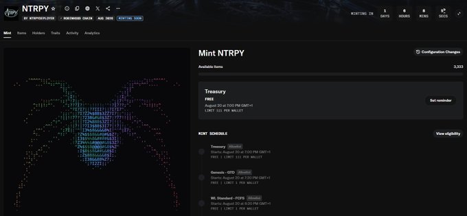 A screenshot of the NTRPY NFT minting page on the Robinhood platform, showing the Treasury mint scheduled to begin August 20 at 7:00 PM GMT+1 with a 1.7 ETH price per wallet, and ongoing mint schedule displaying Treasury, Genesis, and WL Steward phases. The available mints counter shows 3,333, matching the collection's max supply mentioned in the accompanying giveaway post.