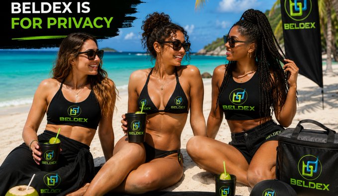 An advertisement for Beldex displaying three women in branded bikinis and shorts on a tropical beach, holding branded cups, with the text 'BELDEX IS FOR PRIVACY' and the 'BELDEX' logo.