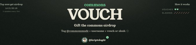 A dark-themed promotional graphic for "commons VOUCH" titled "Gift the commons airdrop" with instructions to tag @commonsmode + username + vouch or slash, showing a countdown at 16:21:50:16 and tagging @kriptologer.
