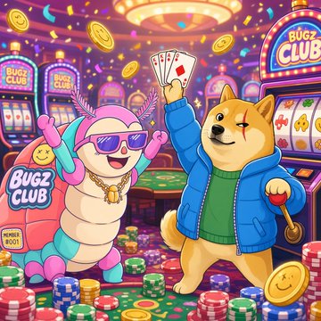 A vibrant cartoon illustration of a turtle in sunglasses and a Shiba Inu dog holding aces and coins at a casino called 'BUGZ CLUB'.