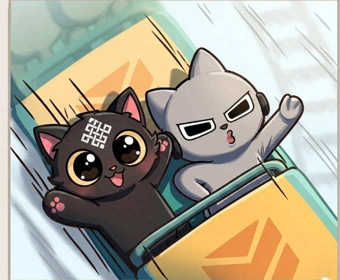 Two cartoon cats—one black with large excited eyes and a geometric symbol on its forehead, the other gray with a focused, determined expression—ride a yellow vehicle at high speed, matching the post's description of Siggy's fearless curiosity and Initiates' calculating focus as they charge toward the next challenge in the Ritual universe.