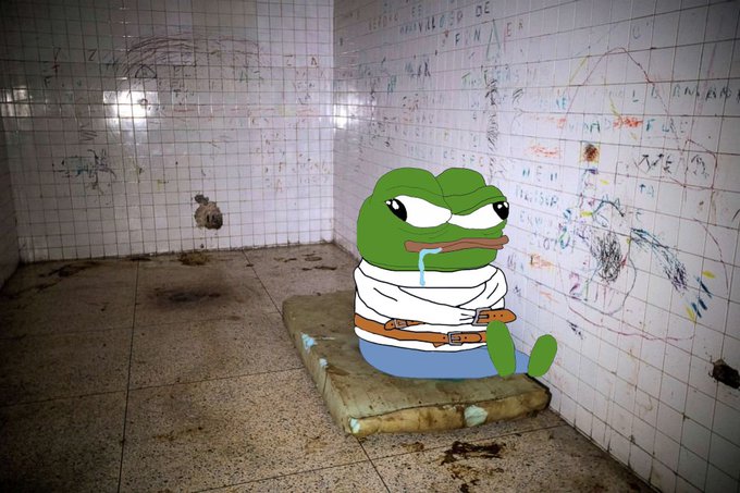 A Pepe the Frog meme edited into a photo of a dilapidated tiled room, depicted wearing a straitjacket with drool coming out of his mouth.
