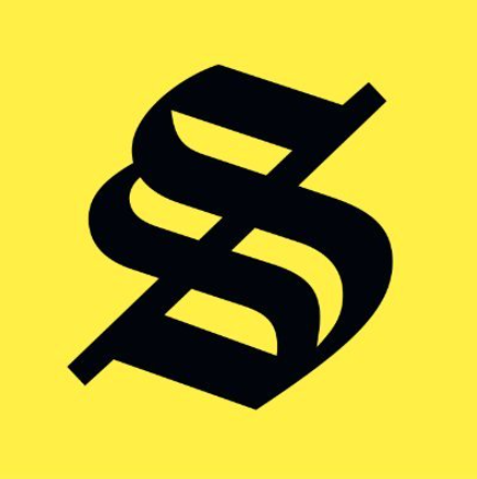 A bold black stylized logo featuring what appears to be an 'S' intersected by a vertical line, set against a bright yellow background.
