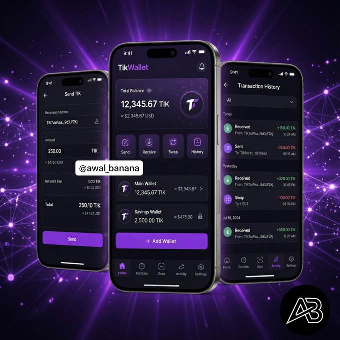 Promotional mockup for 'TikWallet' showing three smartphone screens with crypto wallet features (Send, Main Wallet, Transaction History) against a purple network background, credited to @awal_banana.