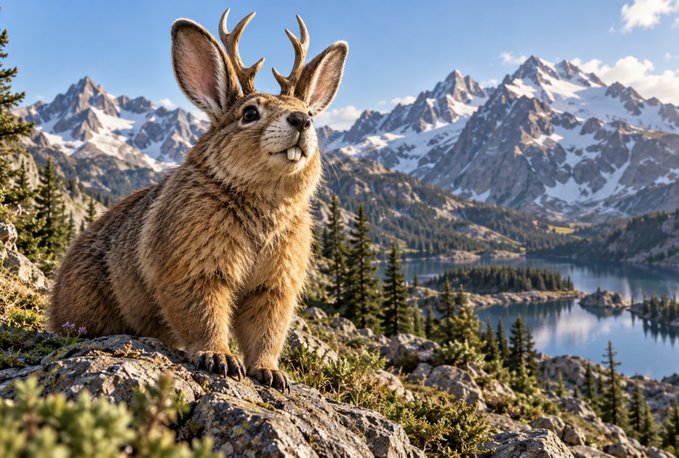 A jackalope—a rabbit with deer antlers—perched on a rocky outcrop with a scenic background of snow-capped mountains and a clear blue lake.