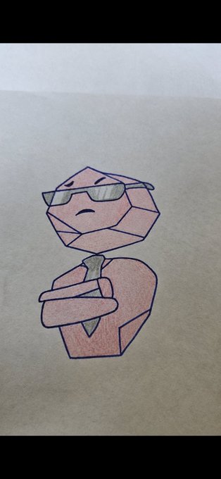 A hand-drawn cartoon of a faceted, pink geometric character wearing sunglasses and a tie, standing with arms crossed against a plain background.