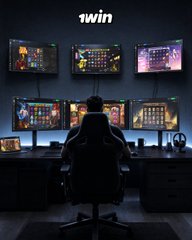 A silhouette of a person sitting in front of a multi-monitor gaming or broadcasting setup with six screens displaying various content, with the text '1win' at the top.
