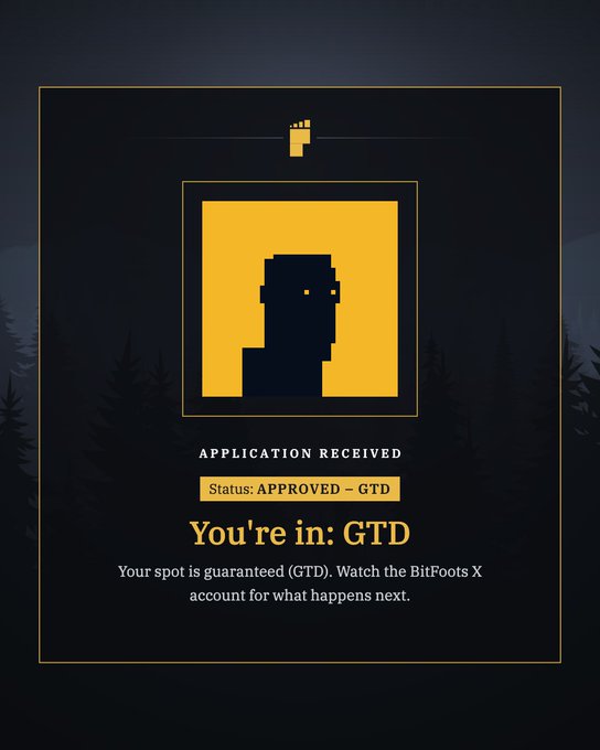 A dark-themed digital graphic displays 'APPLICATION RECEIVED' and 'Status: APPROVED – GTD' above 'You're in: GTD', with text instructing the user to 'Watch the BitFoots X account for what happens next'.