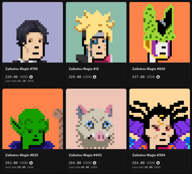 The image shows a gallery of six pixel-art NFTs titled "Zaibatsu Wagie" with prices ranging from 229.00 to 254.00 USDC, featuring characters like a dark-haired figure, a blonde character, and various fantasy creatures (orc, pig, winged being). These appear to be listed on a crypto marketplace, illustrating the post's reference to nostalgic 2021-era pixel art NFTs as a contrast to today's AI-generated content.