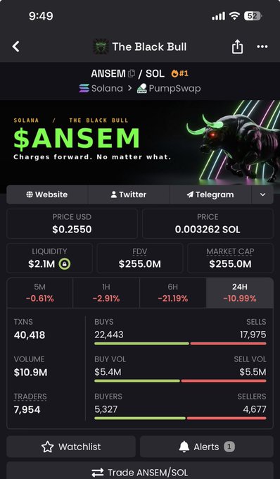 A mobile screenshot displays the PumpSwap trading page for $ANSEM/SOL on Solana, showing a current price of $0.2550, market cap of $255.0M, and a 24H decline of -10.99%, reinforcing the post's hopeful sentiment of reaching a $10B market cap despite the recent dip.
