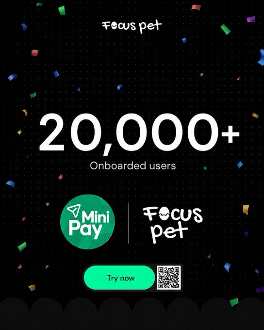 A promotional graphic celebrating '20,000+ Onboarded users' for Focus Pet, featuring the Mini Pay logo and a QR code with a 'Try now' button.