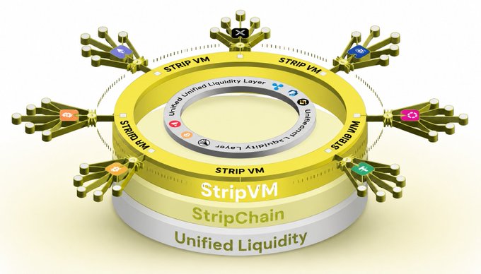 The image depicts a 3D layered diagram illustrating the StripChain architecture, with "StripVM" forming the top ring of interconnected "STRIP VM" nodes radiating outward, all built upon "StripChain" and "Unified Liquidity" base layers, with a "Unified Liquidity Layer" encircling a central "Unified Liquidity" core. This visualizes the post's description of StripChain's intent-based system that connects applications, assets, and liquidity across multiple blockchain networks into a single unified framework.
