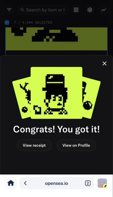 Screenshot of OpenSea.io confirming an NFT purchase, showing pixel art character cards with the message 'Congrats! You got it!' and buttons to view receipt or profile.