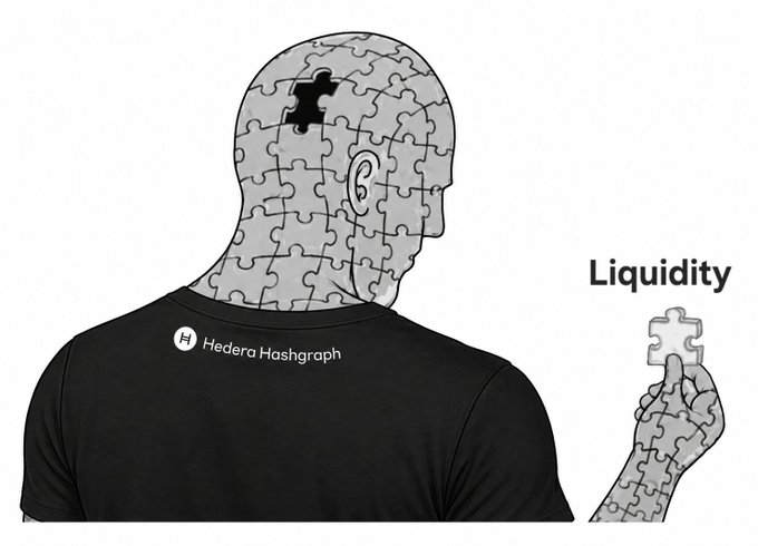 An illustration of a person from behind wearing a shirt labeled "Hedera Hashgraph," with a puzzle-piece head missing one piece, and a hand holding a puzzle piece labeled "Liquidity."