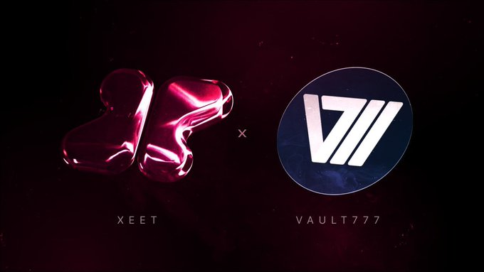A promotional graphic featuring two glossy 3D logos side by side on a dark background: the pink/red "XEET" logo on the left and the circular blue "VAULT777" emblem with a stylized "V" on the right, separated by an "x" to indicate a collaboration or partnership between the two brands.