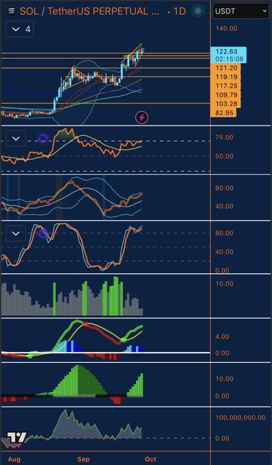 A TradingView daily chart for SOL/TetherUS PERPETUAL (USDT) showing price action around 122.63 with multiple technical indicators including RSI, volume, and momentum oscillators.
