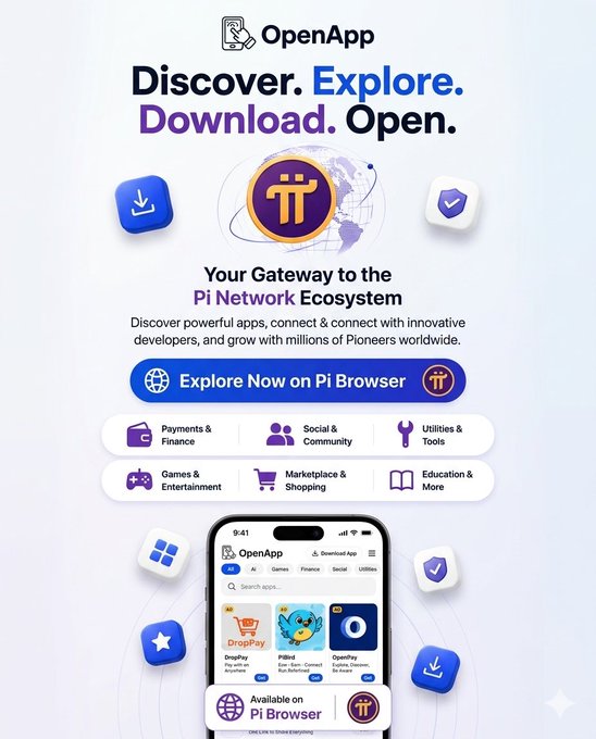 The image features a cell phone displaying an app called "Pi Browser" with various icons, including a globe icon and a book icon. The text above the image reads "Discover. Explore. Download. Open." This suggests that the app is designed for users who are interested in exploring and learning about Pi technology or using it to download and explore new apps related to Pi.
