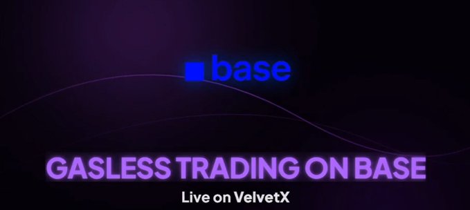 A dark promotional graphic with purple text reading 'GASLESS TRADING ON BASE' and 'Live on VelvetX', with the blue Base logo at the top.