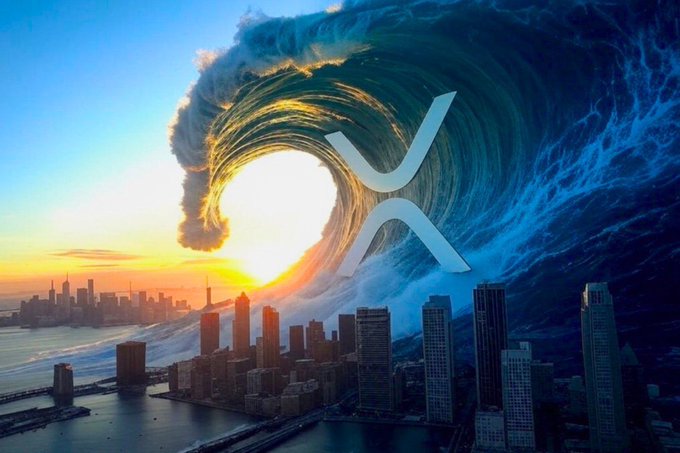 A massive wave threatens to engulf a city skyline at sunset, with the XRP logo (XRP, representing the cryptocurrency Ripple) prominently overlaid at the crest. The image illustrates the post's message about being prepared for an imminent, transformative financial event—suggesting that smart investors have already "loaded their bags" with XRP before a powerful market surge hits.