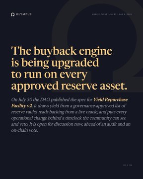 A dark-themed news graphic from Olympus DAO dated July 27, 2022, headlined 'The buyback engine is being upgraded to run on every approved reserve asset,' detailing DAO's spec for 'Yield Repurchase Facility v2.'