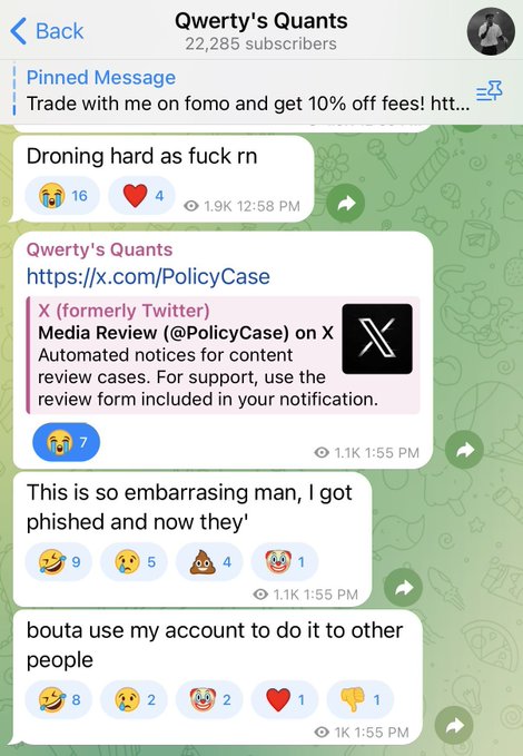 A Telegram channel screenshot from 'Qwerty's Quants' (22,285 subscribers) showing pinned messages and conversations about getting phished and someone using their account to message other people.