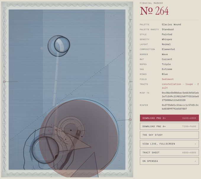A generative art specification sheet titled 'FIDUCIAL MARKER No 264' with details including palette 'Glacier Mound', style 'Painted', and traits 'constellation · loupe · fault', shown against a blue abstract composition.