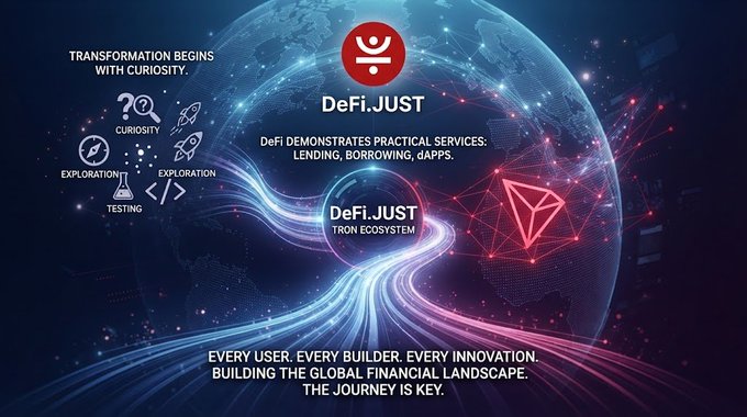 A promotional banner for 'DeFi.JUST' on the TRON ecosystem with the tagline 'TRANSFORMATION BEGINS WITH CURIOSITY,' highlighting icons for Curiosity, Exploration!, Exploration, and Testing, alongside the Tron logo and text 'DeFi DEMONSTRATES PRACTICAL SERVICES: LENDING, BORROWING, dAPPS' and 'EVERY USER. EVERY BUILDER. EVERY INNOVATION. BUILDING THE GLOBAL FINANCIAL LANDSCAPE. THE JOURNEY IS KEY.'