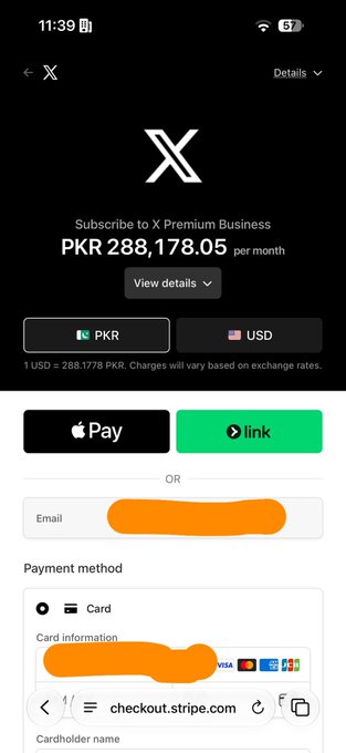 Screenshot of an X (Twitter) Premium Business subscription checkout page showing a monthly charge of PKR 288,178.05 ($1,000 USD), confirming the hefty cost mentioned in the post for the gold checkmark application.