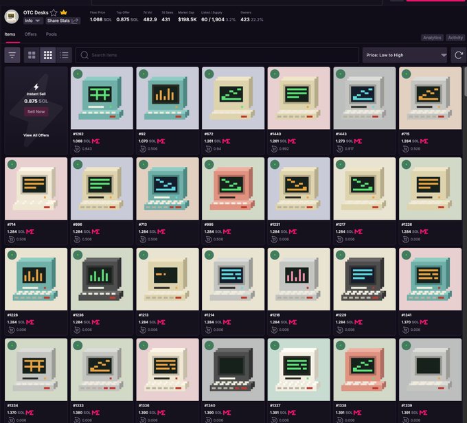 A screenshot of an 'OTC Desks' NFT marketplace interface displaying a grid of pixel-art computer items listed with Solana (SOL) prices.