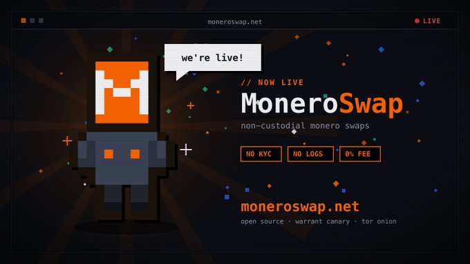 The image features an advertisement for a cryptocurrency called MoneroSwap, which is currently live. The website displays a cartoon character wearing an orange hat with the words "MoneroSwap" written above its head. The website also provides information about the benefits of using MoneroSwap and encourages users to verify their accounts before making any transactions.