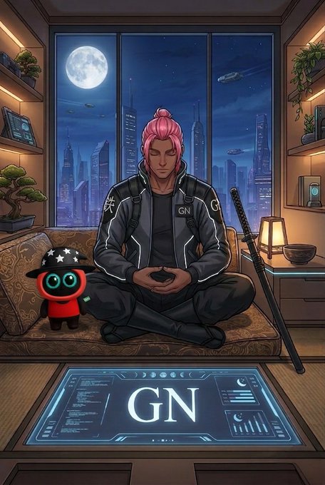 The image depicts a man sitting cross-legged with his eyes closed, surrounded by various objects such as a potted plant, a lamp, and a keyboard. The scene takes place in front of a window that offers a view of a city skyline at night. The overall atmosphere suggests a moment of relaxation or contemplation for the man.

The post reads: "Goodnight mutuals The day finally closes out, and everything starts to feel less demanding. @wallchain keeps moving in its own direction while Quacks continues creating activity across different parts of the space." This phrase is likely an inside joke or reference to a popular TV show or movie involving mutuals (Mutual Aid Groups).